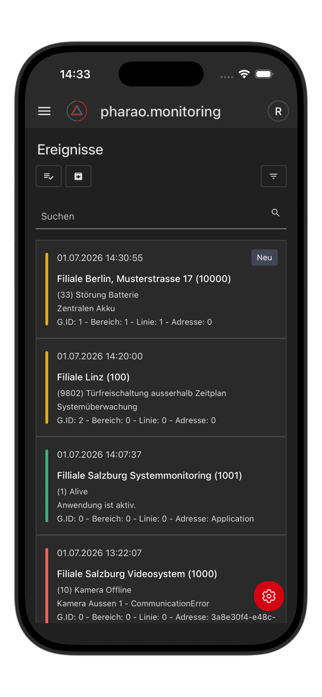 App-Ansicht: Liste aller Ereignisse mit Status und Filiale