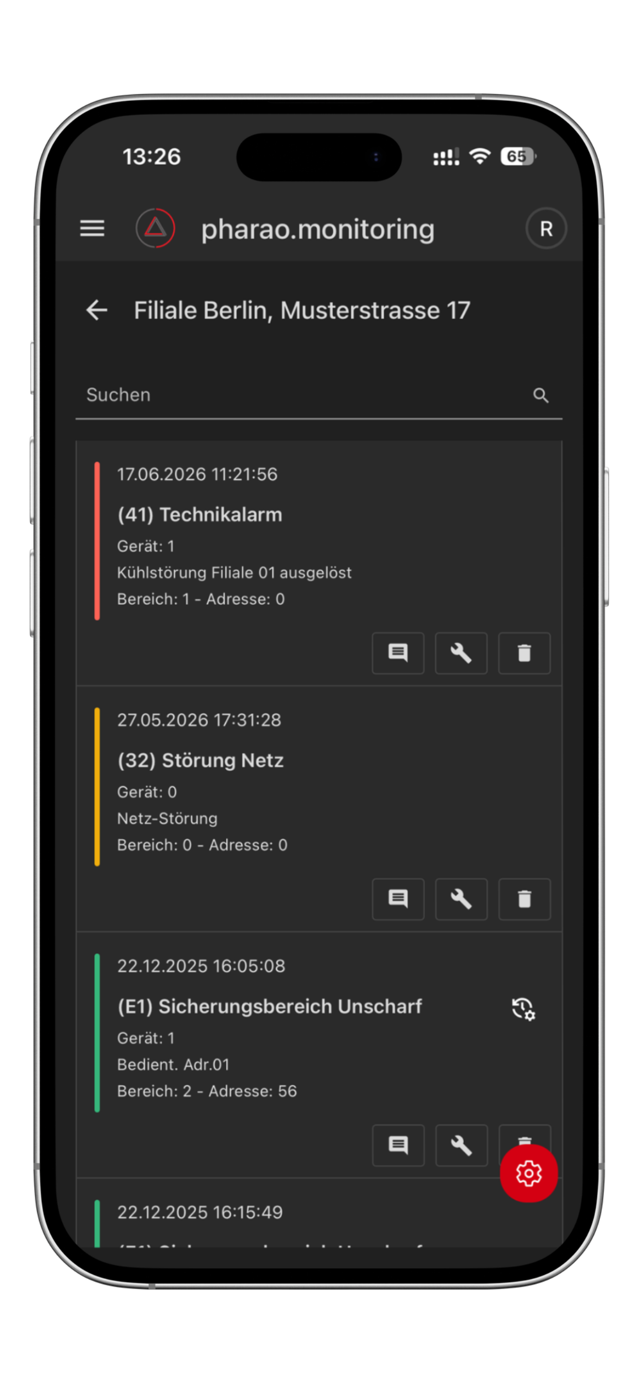 App-Ansicht: Ereignisverlauf einer einzelnen Filiale
