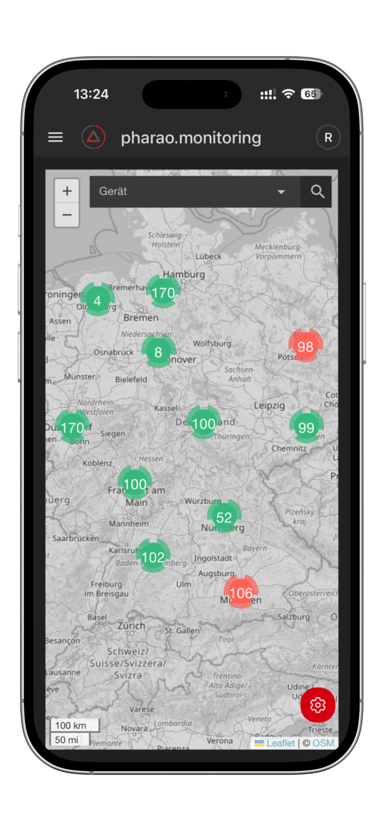 App-Ansicht: Kartenübersicht aller Standorte mit Statuszahlen