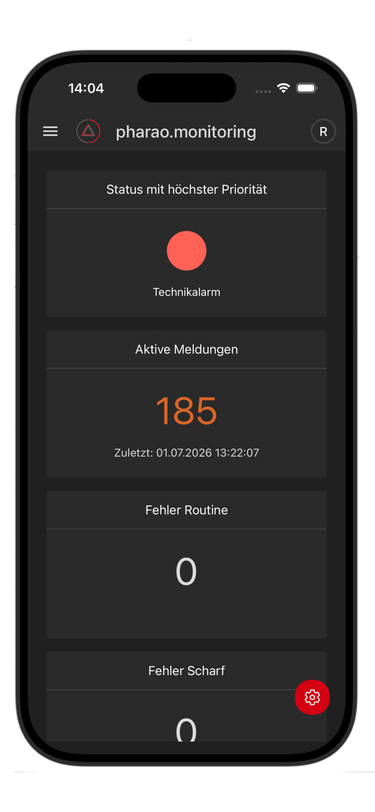 App-Ansicht: Status mit höchster Priorität und aktive Meldungen